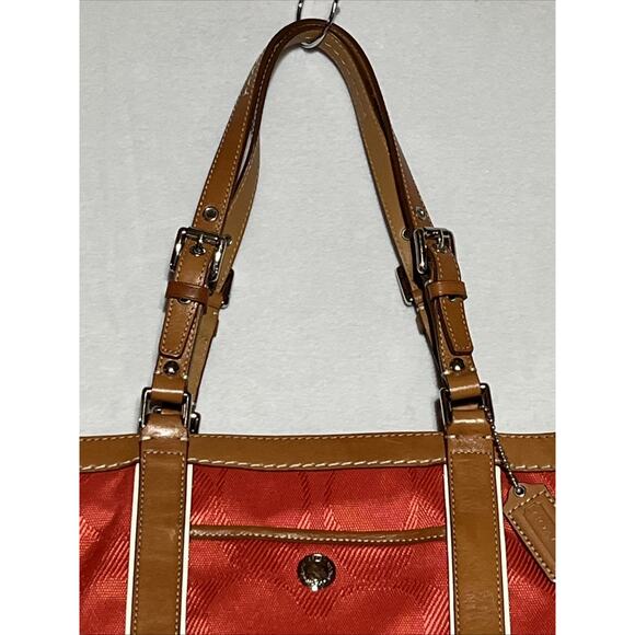 Coach Signature Gallery Tote Bag Coral & Brown Leather Trim Zip Travel F13560 - Picture 4 of 16